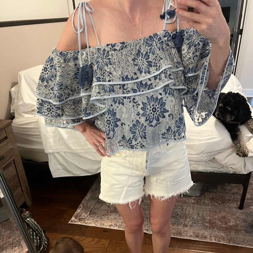 Rebecca Minkoff Blue Floral Off-Shoulder Blouse